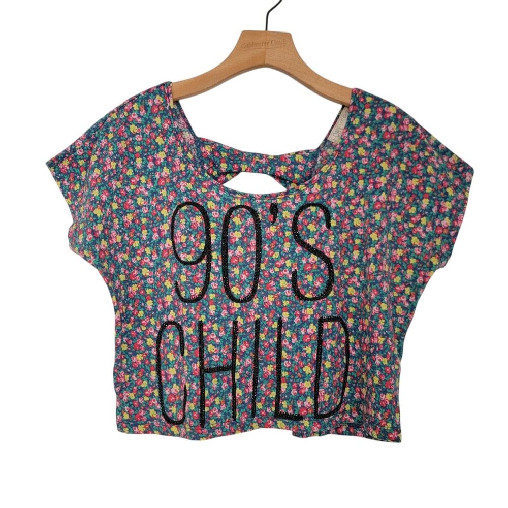 Forever 21 90S CHILD Shirt Short Sleeve‎ Cropped Beaded Floral Womens Medium NEW